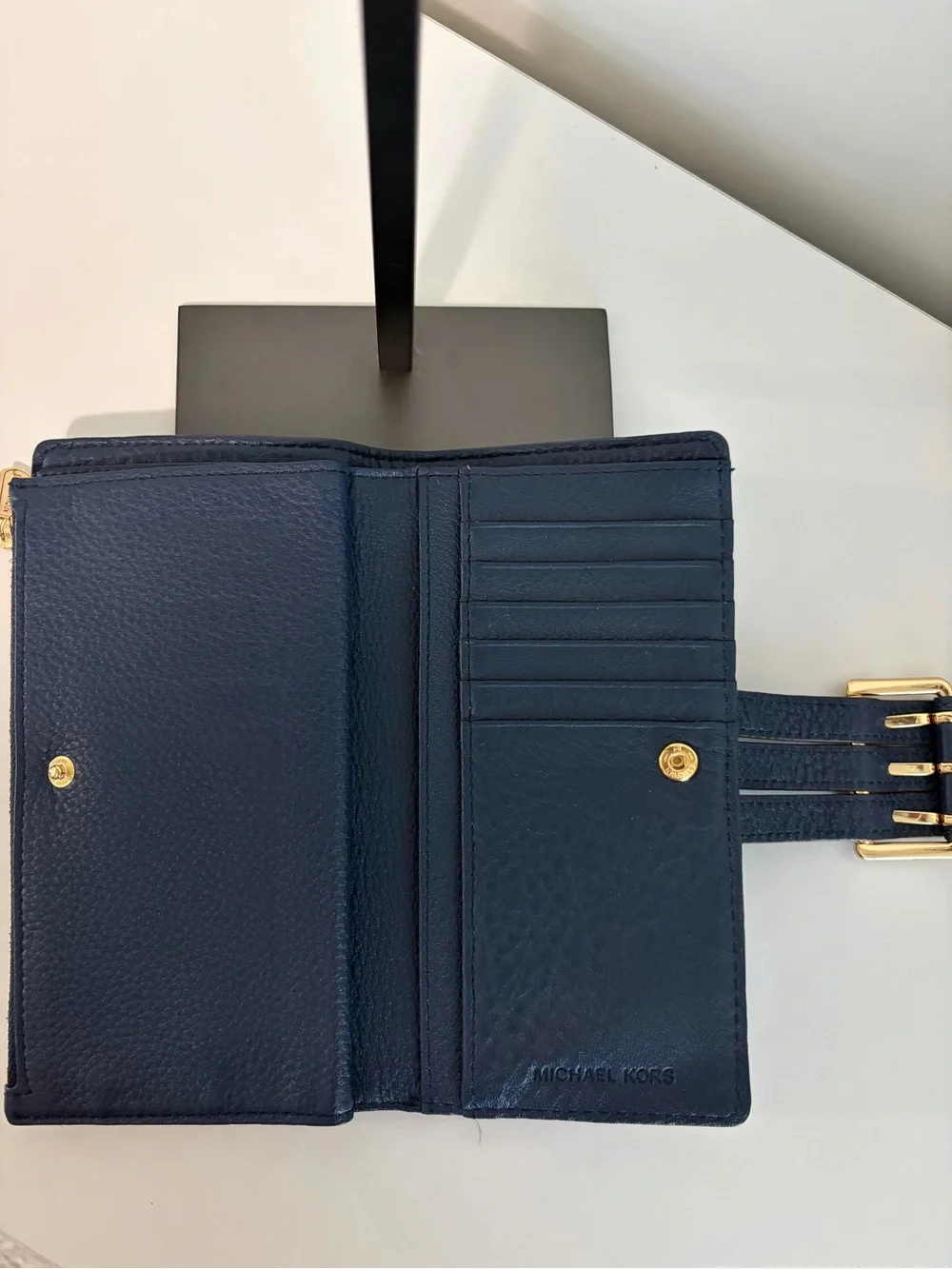Michael Kors Gansevoort Navy Pebbled Leather Wallet with Gold-Tone Buckle